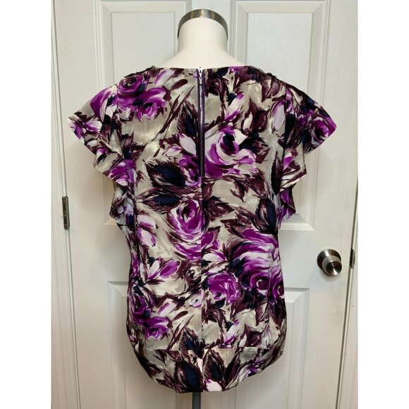 St. John SoCa Purple & Gray Floral Watercolor Sequin Bib Silk Top, Size Medium - Picture 5 of 9